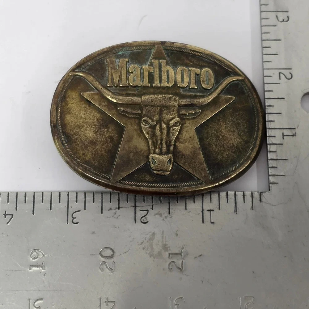 Vintage 1987 Marlboro Solid Brass Longhorn Star Belt Buckle Philip Morris
